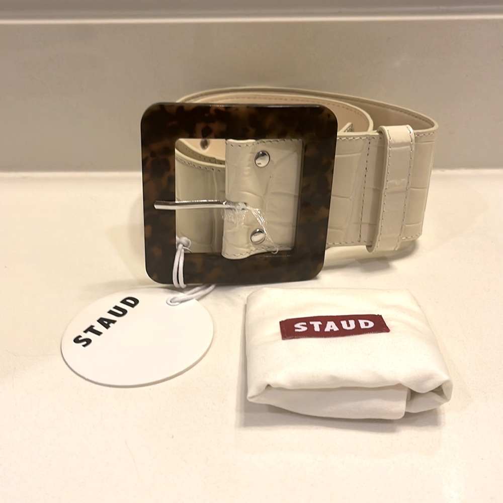STAUD cream croc belt